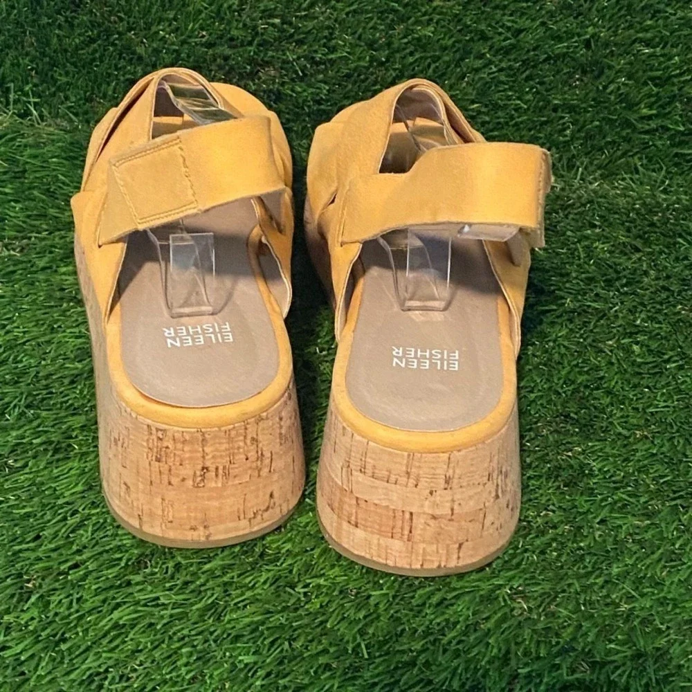 Eileen Fisher Yellow Wedge Sandals Espadrille Criss Cross Women's Size 9